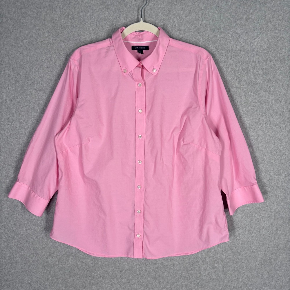 Lands End Poplin Button Down Shirt 16 Pink 3/4 Sleeve Stretch‎ Cotton Preppy